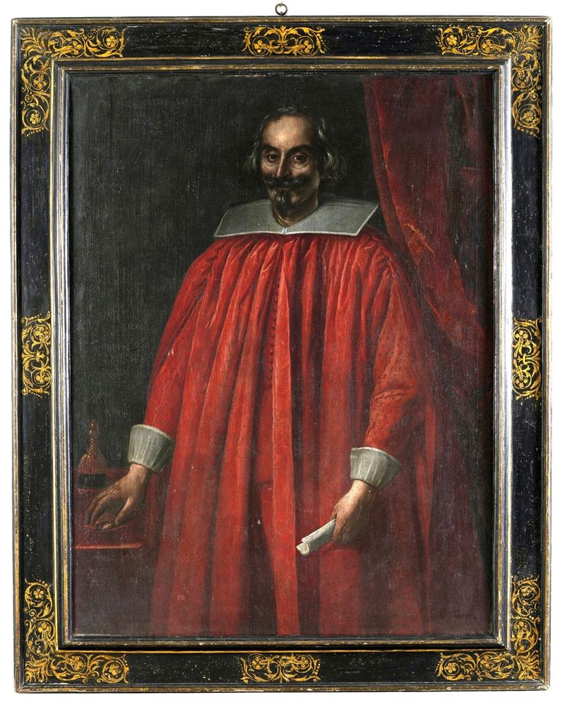 Scuola romana del XVII secolo Ritratto di senatore nello studio