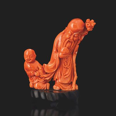 Cina, Figura di saggio con bambino in corallo (Dinastia Qing, XIX secolo)