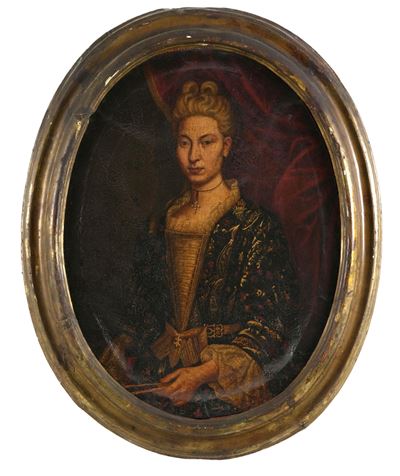 Scuola del XVIII secolo, Ritratto di gentildonna con ventaglio, olio su tela ovale