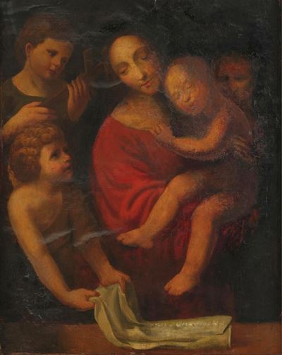Scuola lombarda del XVI secolo, Madonna con Bambino, San Giovannino e angeli, olio su tela