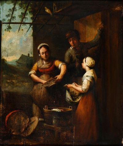 Scuola fiamminga del XVIII secolo, Scena di genere, olio su tavola