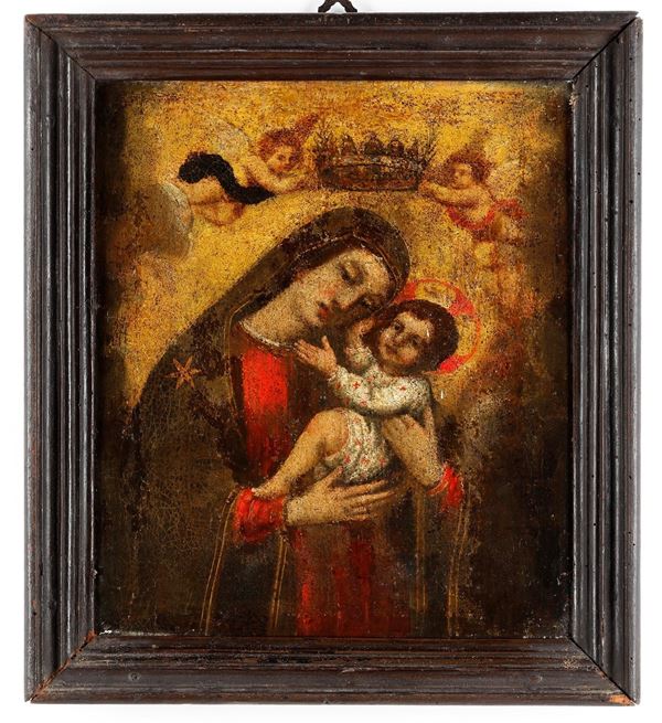 Scuola del XVII-XVIII secolo Madonna con bambino incoronata da due angeli