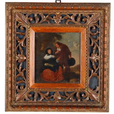 Scuola fiamminga del XVIII secolo, Scena galante, olio su tavola
