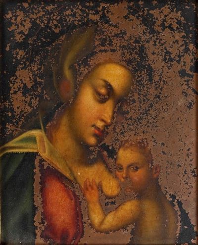 Scuola del XVII-XVIII secolo, Madonna con Bambino, olio su rame