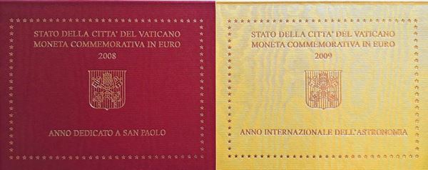 Vaticano 2008 e 2009 - 2 X 2 Euro commemorativi FdC: "Anno Paolino" e "Anno dell'Astronomia" in folder.