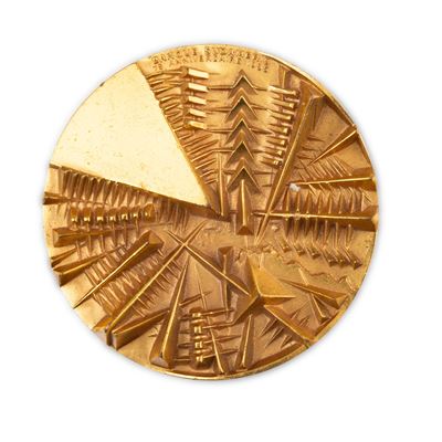 Medaglia per Banque Sudameris, scultura in bronzo dorato (1985)