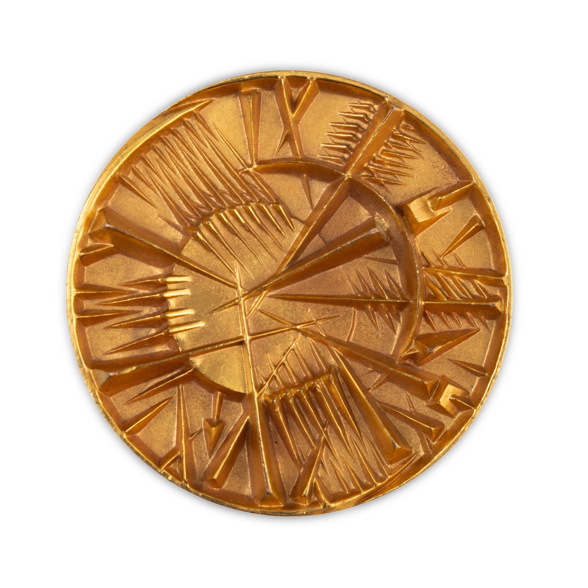 Arnaldo Pomodoro - Medaglia per Banque Sudameris, scultura in bronzo dorato (1985)