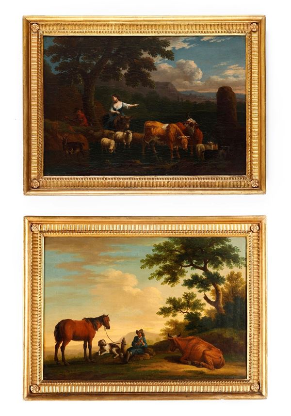 Artista fiammingo attivo in Italia nel XVIII secolo Paesaggi con pastori e armenti