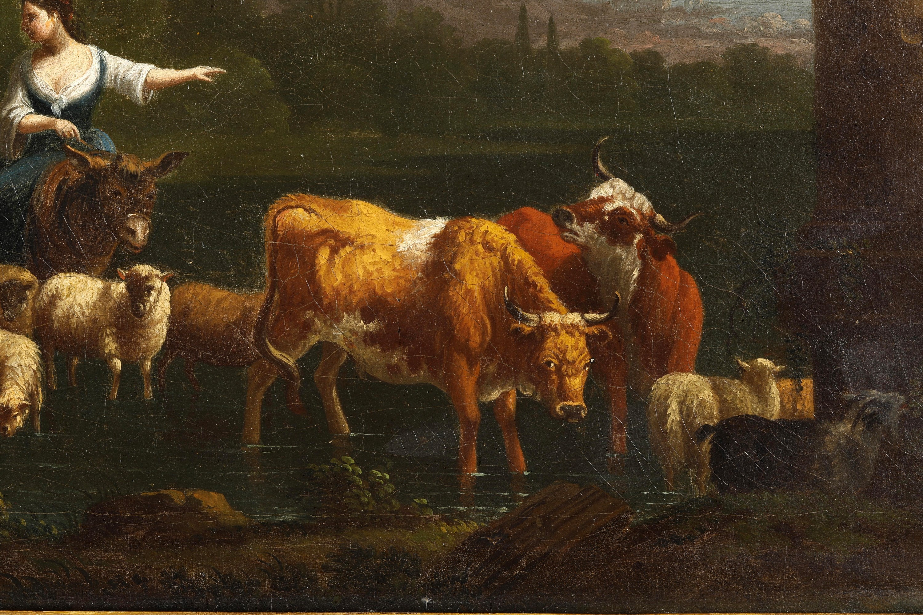 Artista fiammingo attivo in Italia nel XVIII secolo, Paesaggi con pastori e armenti, olio su tela...
