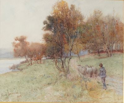 Percy Brooke, Paesaggio fluviale con armenti, acquerello su tavola