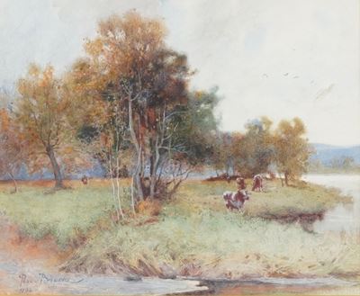 Percy Brooke, Paesaggio fluviale, acquerello su tavola