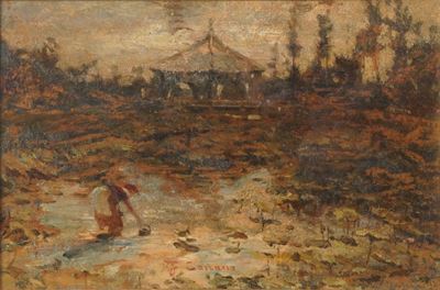Scuola del XX secolo, Paesaggio lacustre, olio su tavola