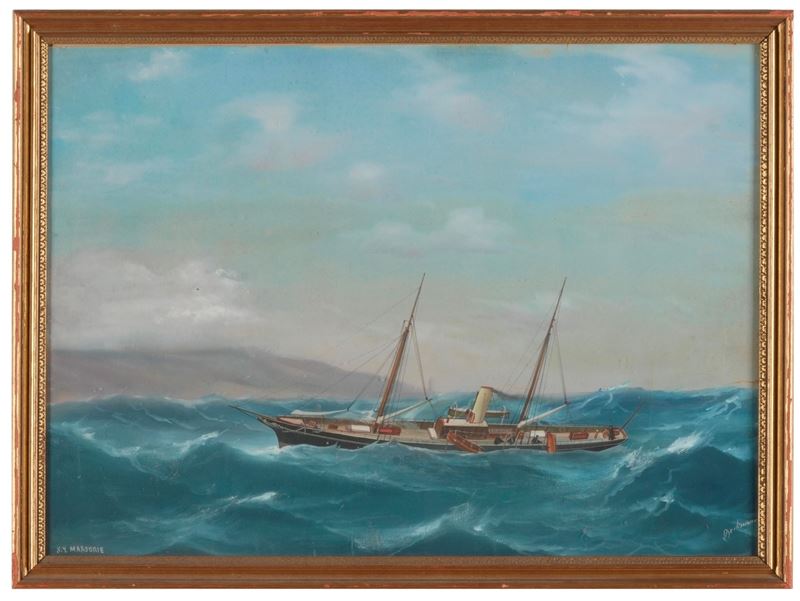 Antonio De Simone : Ritratto di Stam Yacht in navigazione  - gouache su carta - Asta Strumenti Scientifici e Arte Marinara - Cambi Casa d'Aste