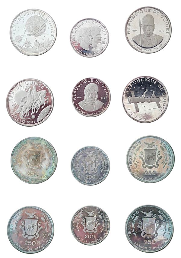 GUYNEA REPUBBLICA, 1969 - 1970. Lotto di sei monete commemorative in argento emesse per il 10° anniversari dell'indipendenza.