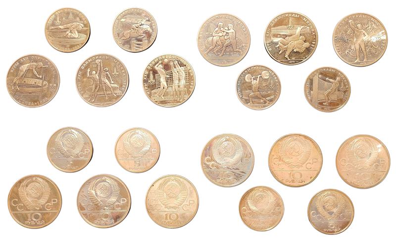 UNIONE SOVIETICA, 1978 - 1979. Lotto di dieci monete commemorative in argento olimpiadi.  - Auction Light Numismatics - Cambi Casa d'Aste