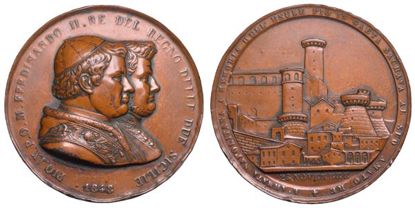 NAPOLI. FERDINANDO II DI BORBONE, 1830-1859. Medaglia in bronzo 1848. Esilio di Pio IX a Gaeta.