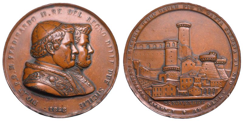 NAPOLI. FERDINANDO II DI BORBONE, 1830-1859. Medaglia in bronzo 1848. Esilio di Pio IX a Gaeta.  - Auction Numismatics - Cambi Casa d'Aste