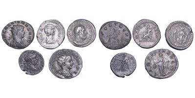 Settimio Severo, Giulia Domna, Macrino, Gordiano III, Gallieno - Lotto di cinque monete romane (D...
