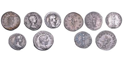 Impero Romano, Lotto di cinque monete in argento e mistura