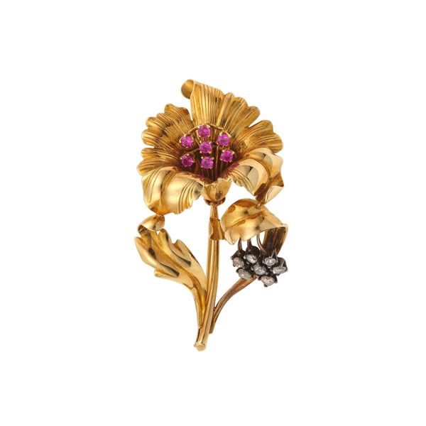 Rose-cut diamond, synthetic rubies and gold brooch