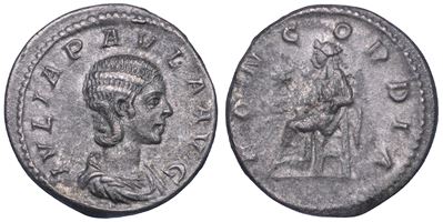 Giulia Paola (prima moglie di Eliogabalo), Denario romano con busto drappeggiato e La Concordia