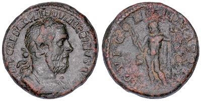 MACRINO, Busto laureato di Giovanni con Giove stante, bronzo, diametro 24,93 mm