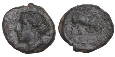 Anonimo, Sicilia (Alontion), Bronzo, 280–270 a.C.: testa femminile al diritto e toro cozzante al ...
