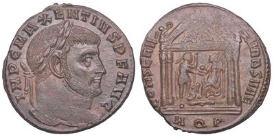 Massenzio, Follis di Aquileia con busto laureato e tempio tetrastilo