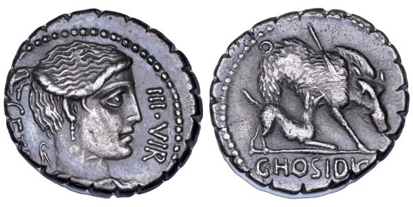 HOSIDIA. C. HOSIDIUS C. F. GETA. C. Hosidius C. f. Geta. Denario serrato, 54 a.C.