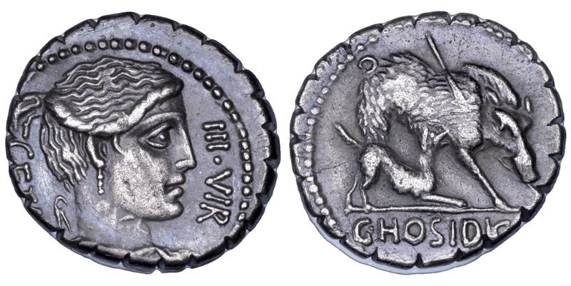 HOSIDIA. C. HOSIDIUS C. F. GETA. C. Hosidius C. f. Geta. Denario serrato, 54 a.C.
