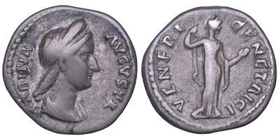 Sabina (moglie di Adriano), Denario romano: busto di profilo con diadema e drappeggi, Venere stan...