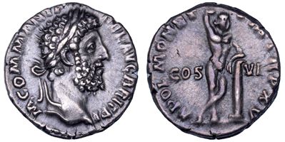 COMMODO, Denario con testa laureata e Apollo stante