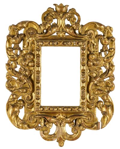 Cornice barocca spagnola, legno intagliato traforato e dorato (XVII secolo)