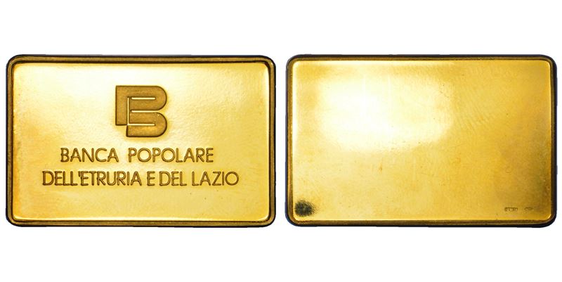 VARIE - REPUBBLICA ITALIANA. BANCA POPOLARE DELL’ETRURIA E DEL LAZIO. Placchetta in oro.  - Asta Numismatica - Cambi Casa d'Aste