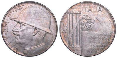Regno d'Italia, Vittorio Emanuele III di Savoia, 20 Lire 1928/A, Elmetto