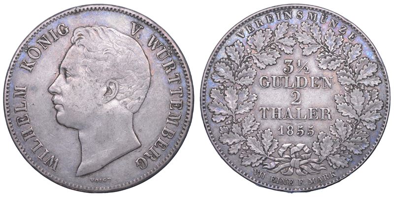 GERMANIA - WURTTEMBERG. WILHELM I, 1816-1864. 2 Taler 1855.  - Auction Numismatics - Cambi Casa d'Aste