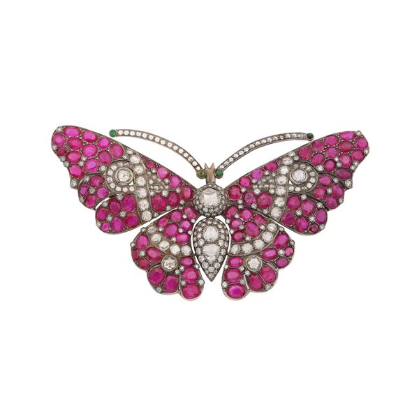 Ruby, diamond, emerald and gold brooch