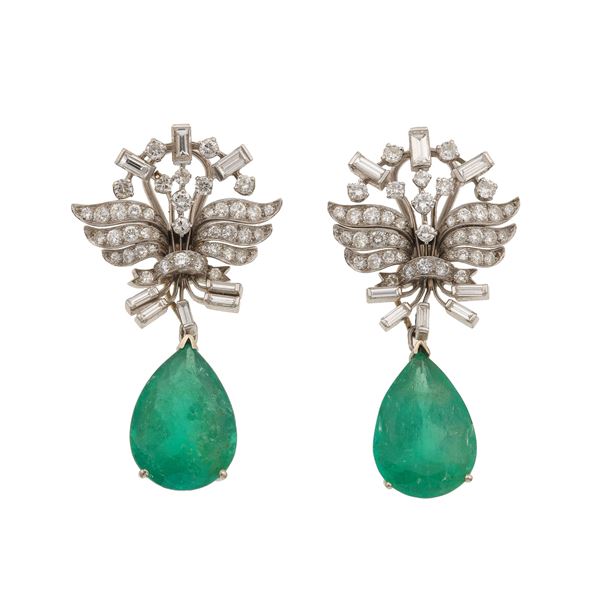 Pair of diamond, emerald, platinum and low-karat gold earrings. The emerald can be removed