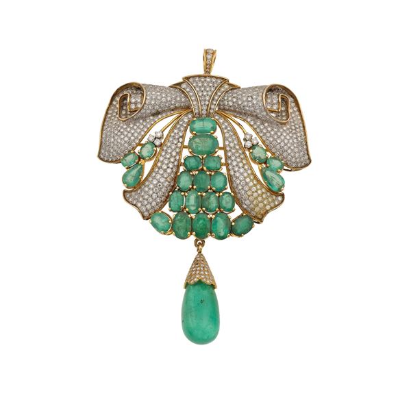 Colombia emerald, diamond, low-karat gold and silver pendent/brooch