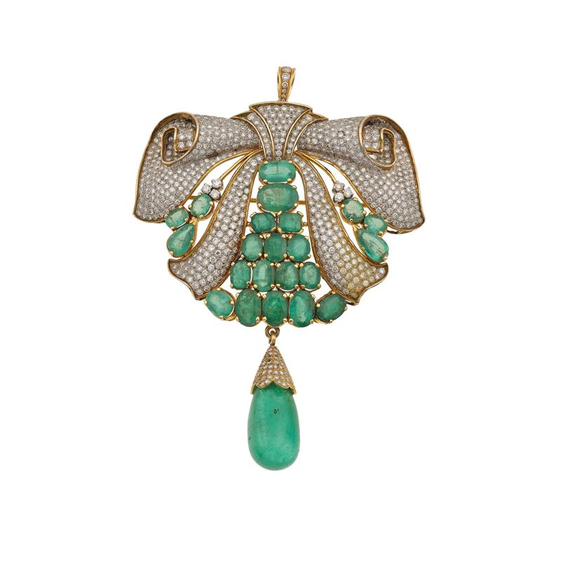 Colombia emerald, diamond, low-karat gold and silver pendent/brooch  - Auction Fine Jewellery - Cambi Casa d'Aste