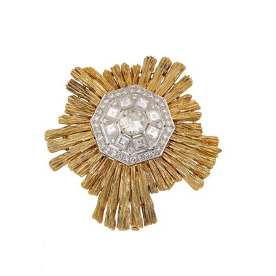 Grande Spilla con Diamante Centrale di Vecchio Taglio, Diamanti Taglio Carré e Diamanti Taglio Ro...