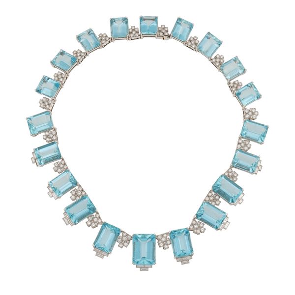 Girocollo con acquemarine, per ct 252.00 circa, e diamanti taglio baguette e brillante