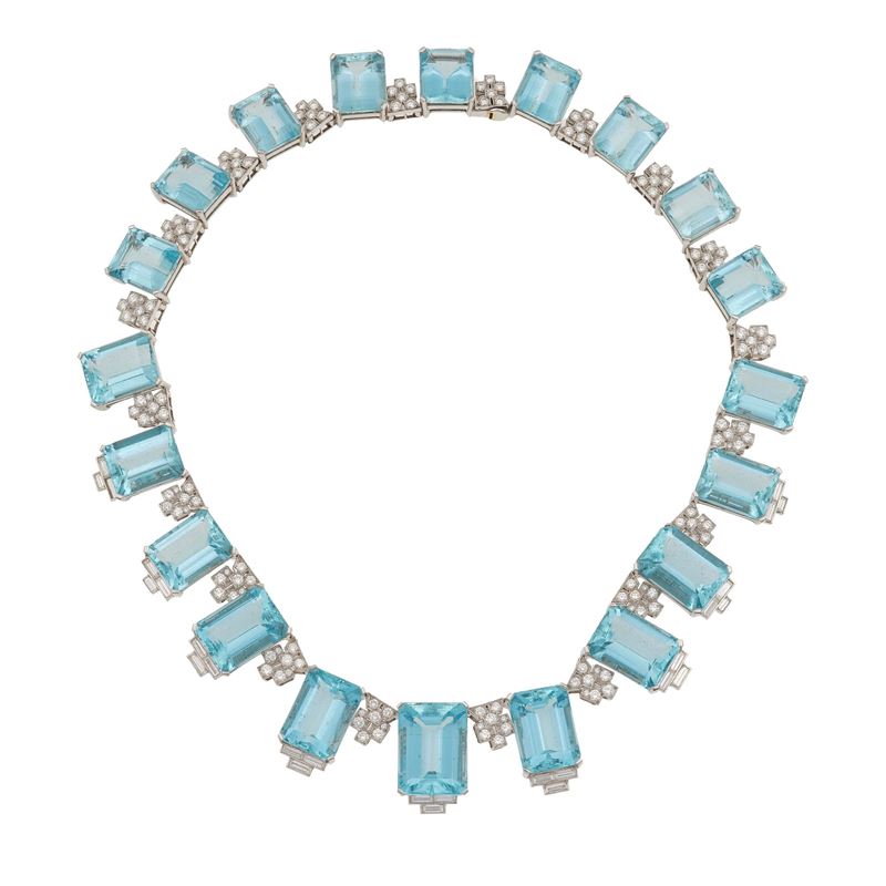 Aquamarine, diamond and gold necklase. One missing diamond  - Auction Fine Jewellery - Cambi Casa d'Aste