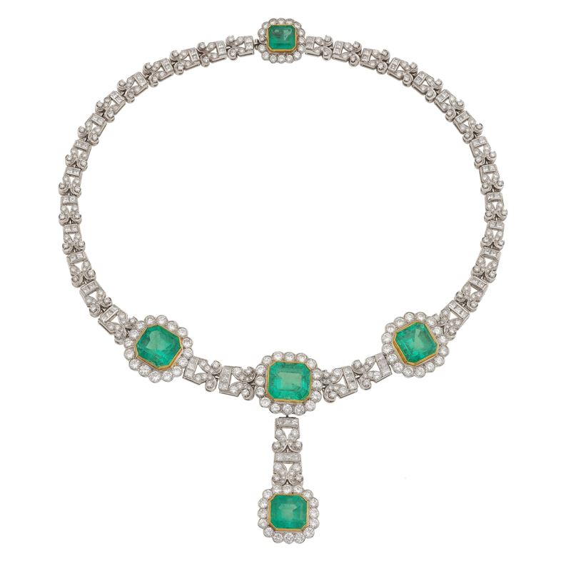 Diamond, emerald, platinum and gold necklace  - Auction Fine Jewellery - Cambi Casa d'Aste
