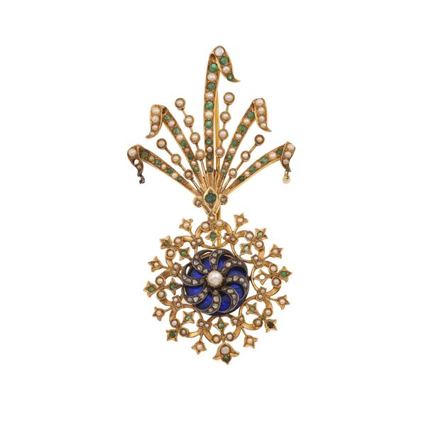 Aigrette con perle, smeraldi, rosette di diamante e smalto blu