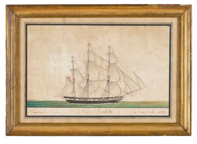 Scuola Francese Ritratto della nave Carlotta in navigazione nel golfo di Marsiglia, 1815  - gouache su carta - Asta Strumenti Scientifici e Arte Marinara - Cambi Casa d'Aste