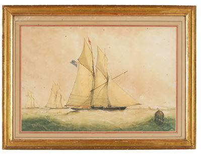 Scuola inglese del XX secolo, Regata di yachts, gouache su carta