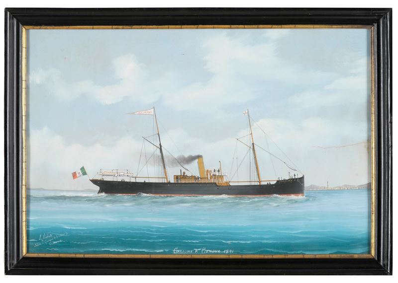 Luigi Roberto : Ritratto del piroscafo Carolina  - gouache su carta - Asta Strumenti Scientifici e Arte Marinara - Cambi Casa d'Aste