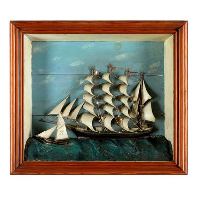 Diorama in teca con veliero e pilotina, XIX-XX secolo