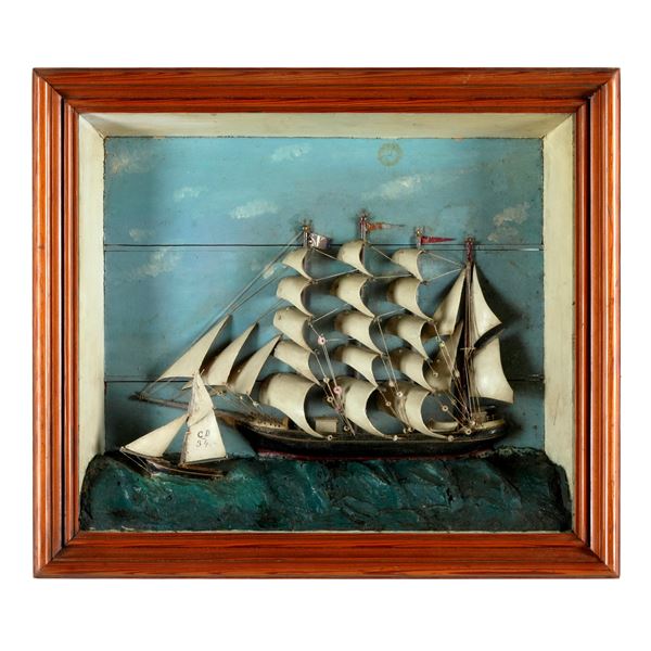 Diorama in teca con veliero e pilotina, XIX-XX secolo